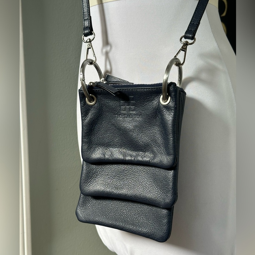 Tic Tac Toe Small Navy Leather Crossbody Travel Wallet Bag Detachable